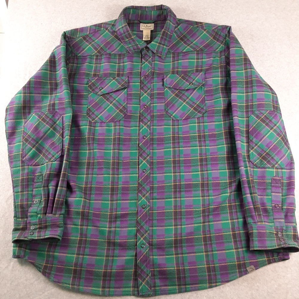 LL Bean Mens XXL Plaid Western Flannel Snap Shirt Green Purple Elbow Patches